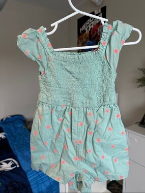 GAP Mint Green Romper with Coral Pink Floral Embroidery